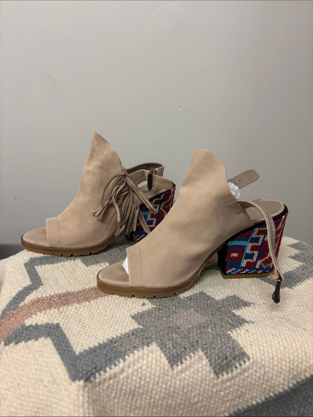 Donald J. Pliner Beige Fringe Peep-Toe Block Heel Booties with Embroidered Heel
